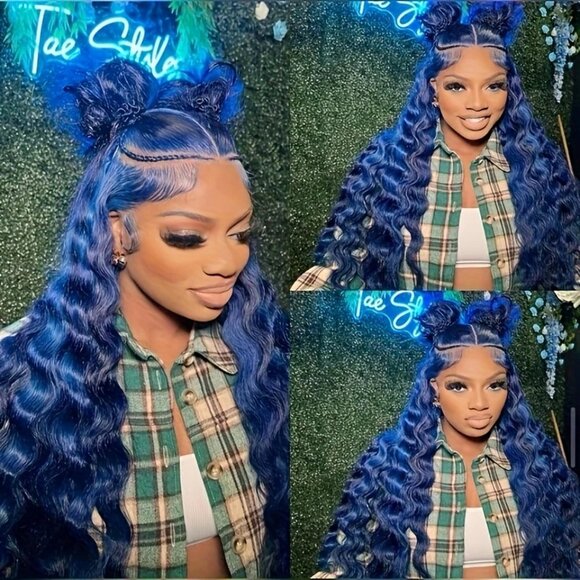 Vivid Blue 28" Deep Wave Lace Front Wig HD Transparent Glueless 180% - Picture 2 of 8